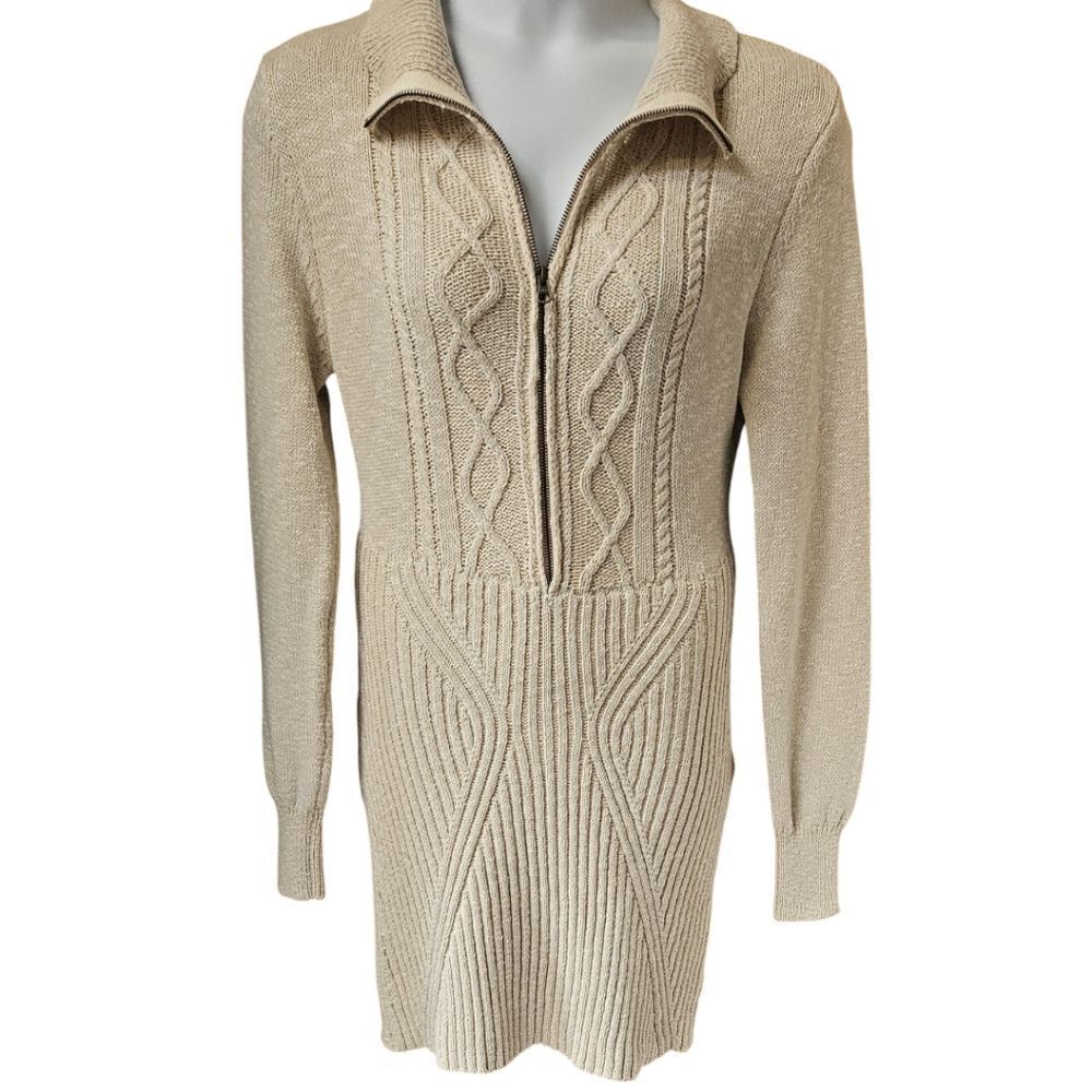 💥Free People XL Zip Front Cable Knit Sweater Mini Dress Beige Boho Cozy Chic - Picture 13 of 15